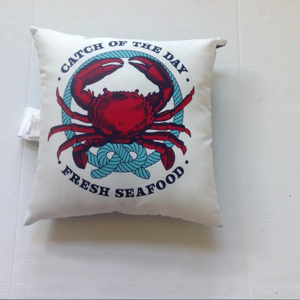 Crab Catch of the Day Pillow White Blue Red NEW